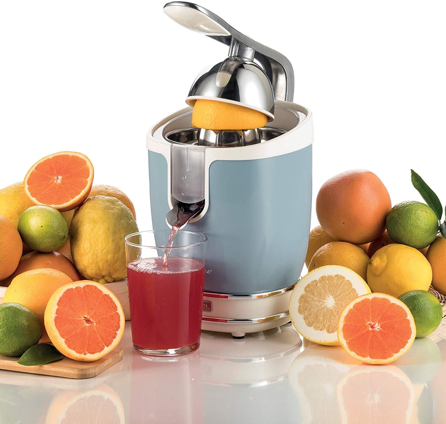Ariete Vintage Electric Citrus Juicer 600ml, 85W, with Pressure Lever Metal body, 2 Cone Sizes, Non Drip Spout, Silent Motor, for Orange عصارة حمضيات من اريتي بلون ازرق كفالة لعام واحد Ariete Vintage Electric Citrus Juicer 600ml, 85W, with Pressure Lever Metal body, 2 Cone Sizes, Non Drip Spout, Silent Motor, for Orange عصارة حمضيات من اريتي بلون ازرق كفالة لعام واحد